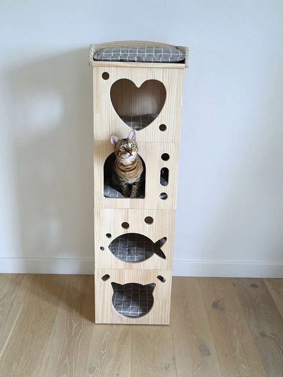 Rosewood Solid Wood Sleeper Caves Cat Activity Tower 3 Rosewood Solid Wood Sleeper Caves Cat Activity Tower
